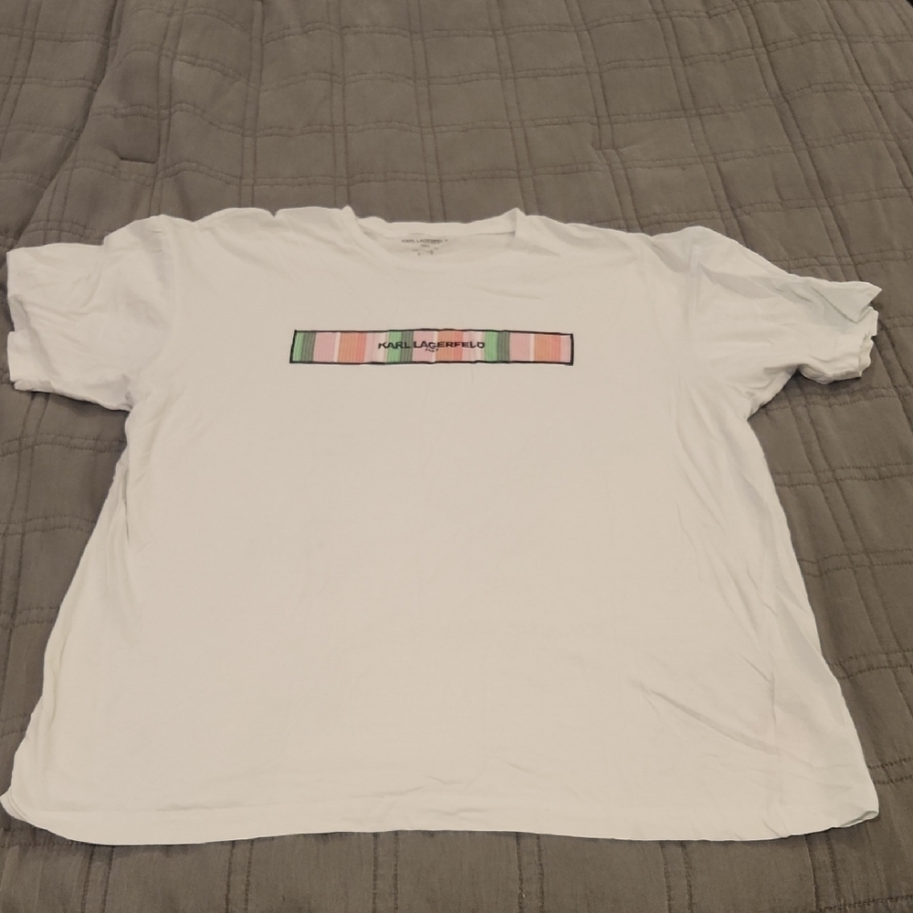 Karl Lagerfeld White Tee with Pink and Green Accents Size XL!